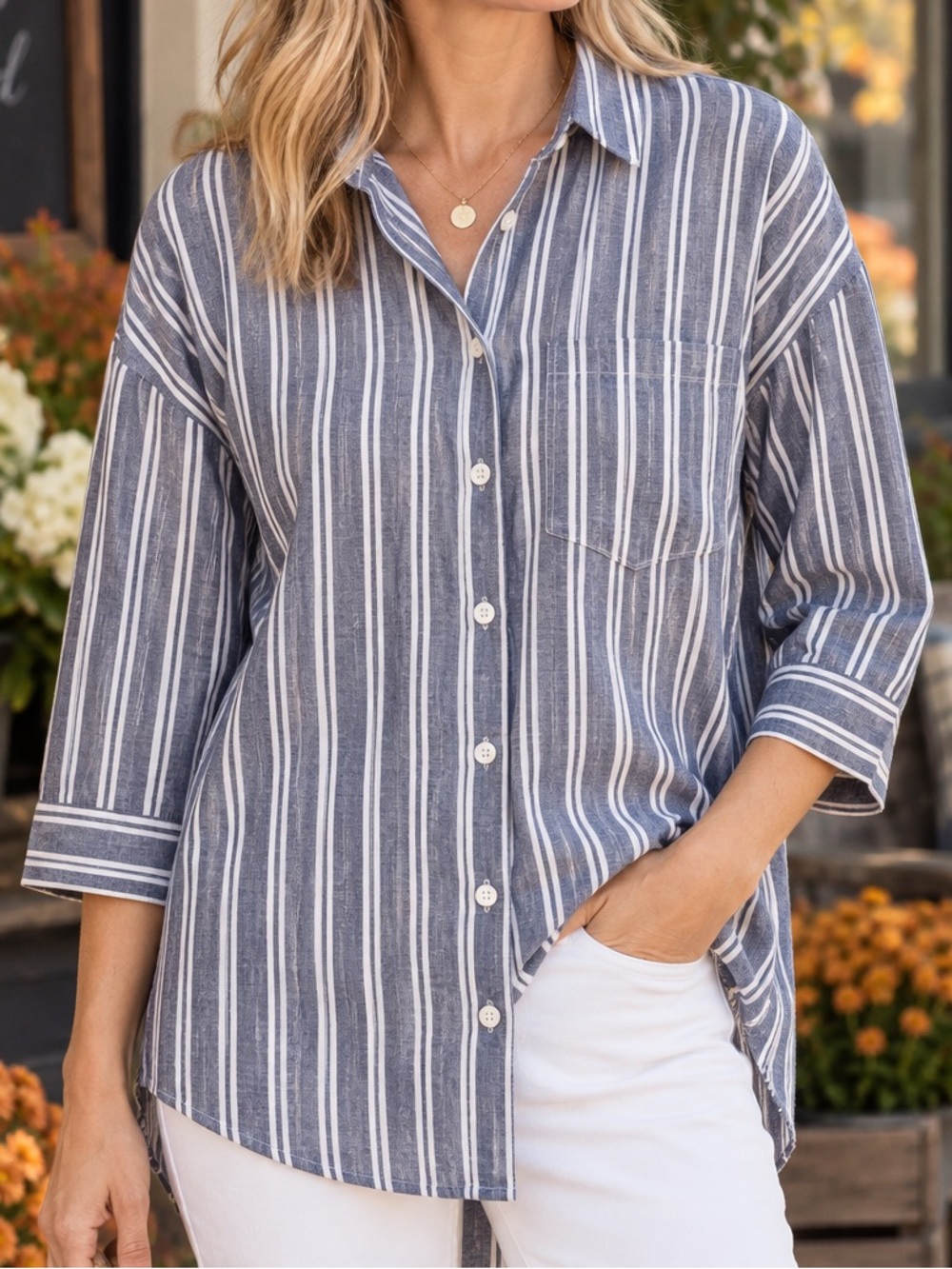 Knix 100% Linen Striped Button Front Oversized Shirt Tunic Women’s Medium